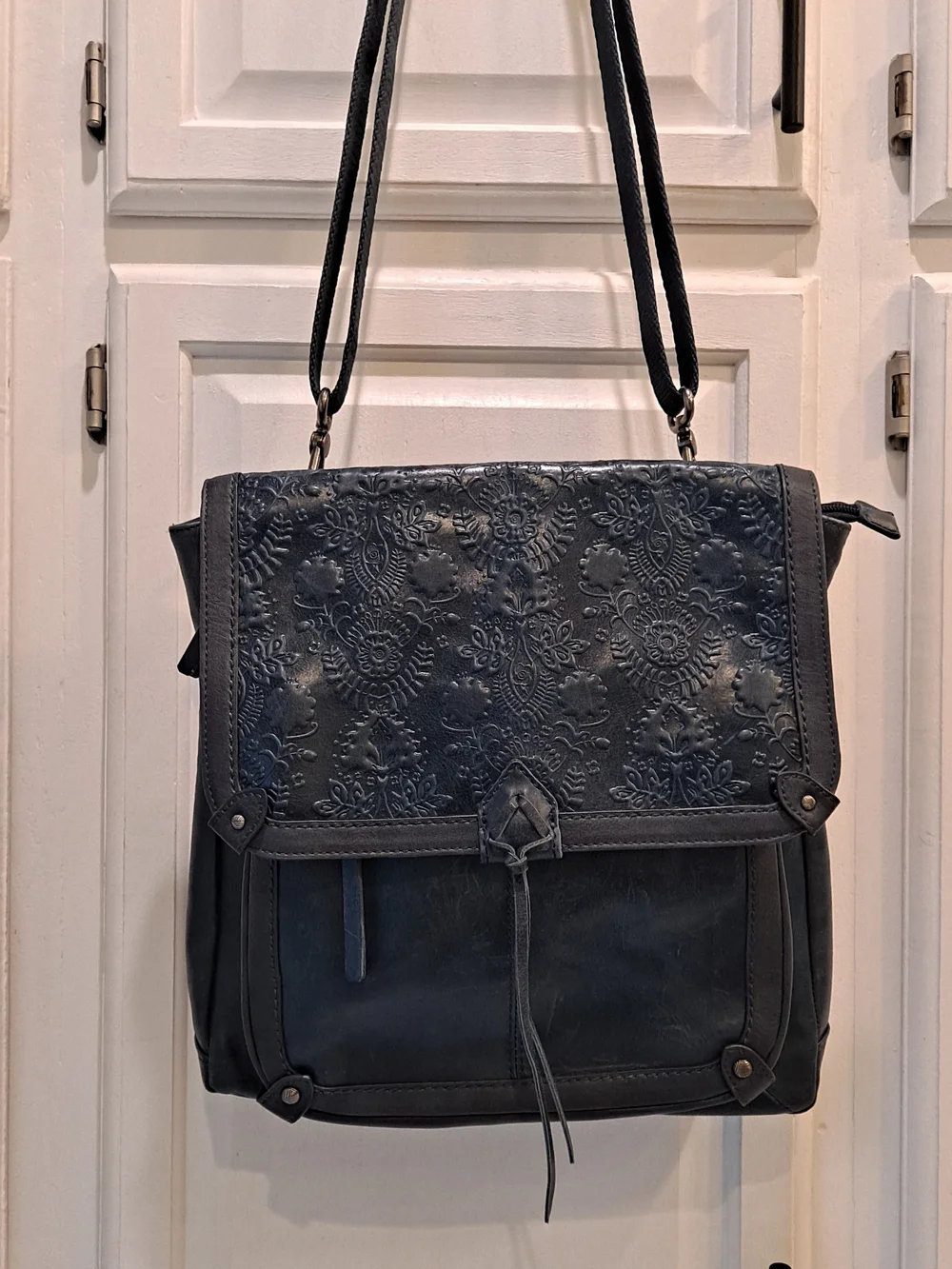 The Sak Ventura II Convertible Backpack Indigo Blue Leather Floral Embossed Bag